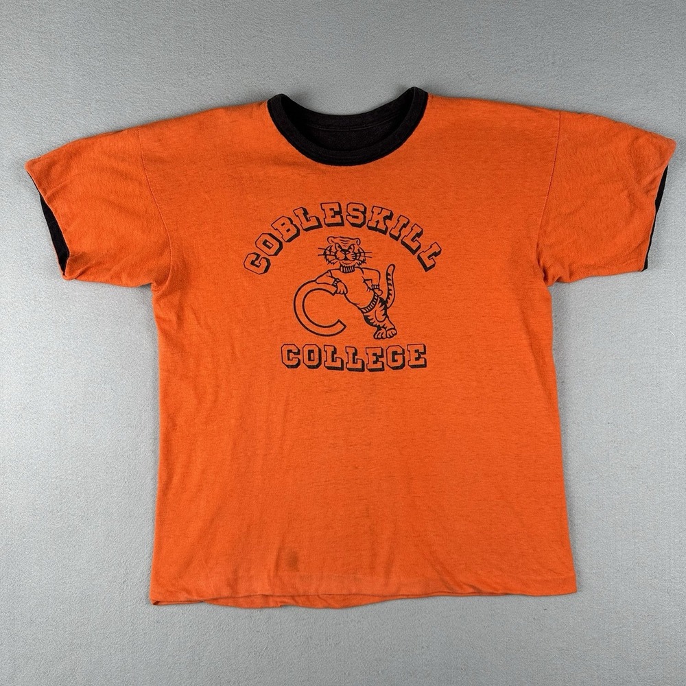 Vtg 70s 80s Double Face Shirt Men's Medium Orange Cobleskill College Tiger